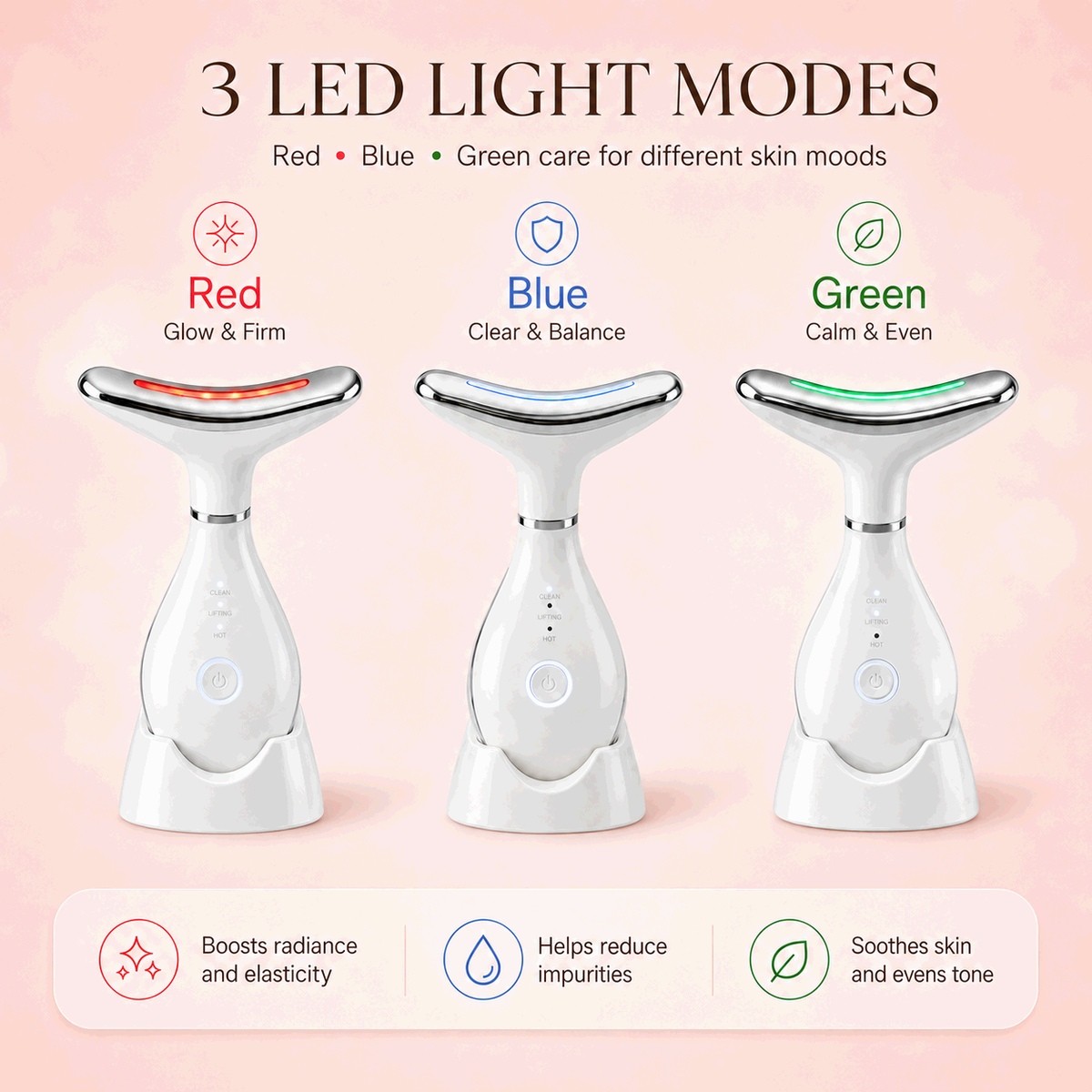 VanqHeal Micro Glow LED Facial Device featuring red blue and green light modes for personalised facial care