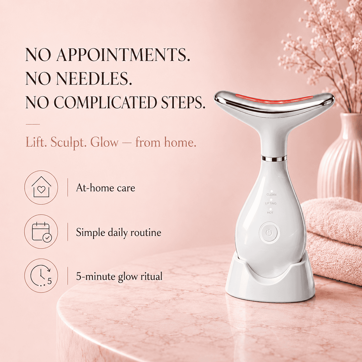 Micro Glow Beautifying Sculpting Device supporting everyday facial toning with gentle massage and LED skincare use