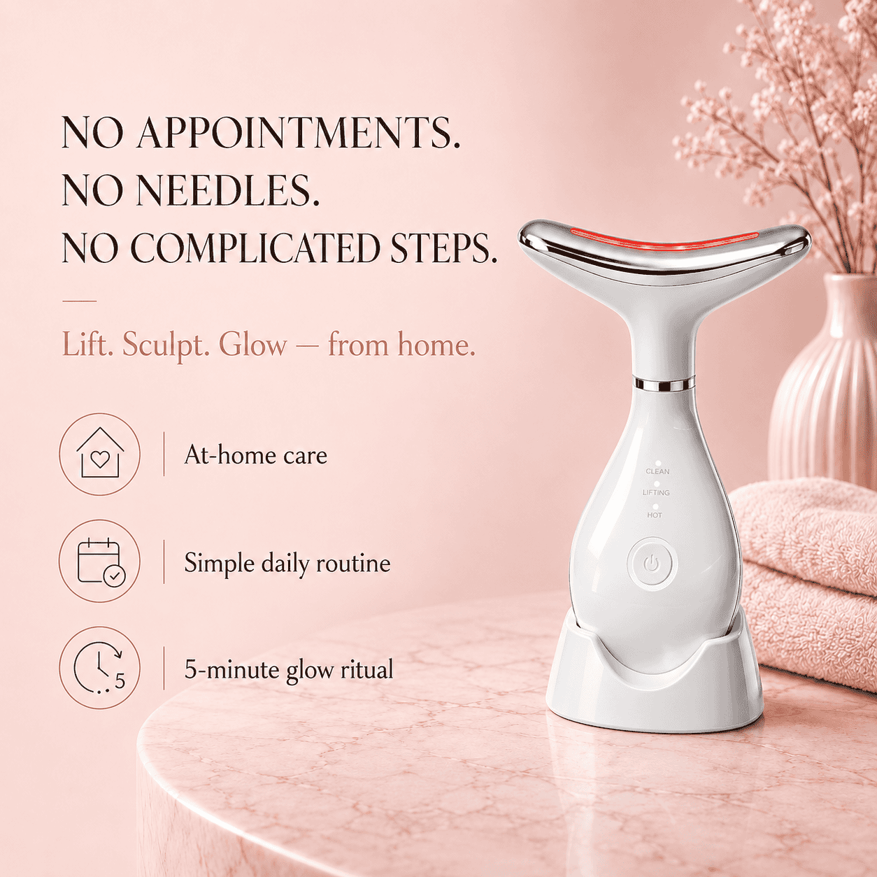 Micro Glow Beautifying Sculpting Device supporting everyday facial toning with gentle massage and LED skincare use