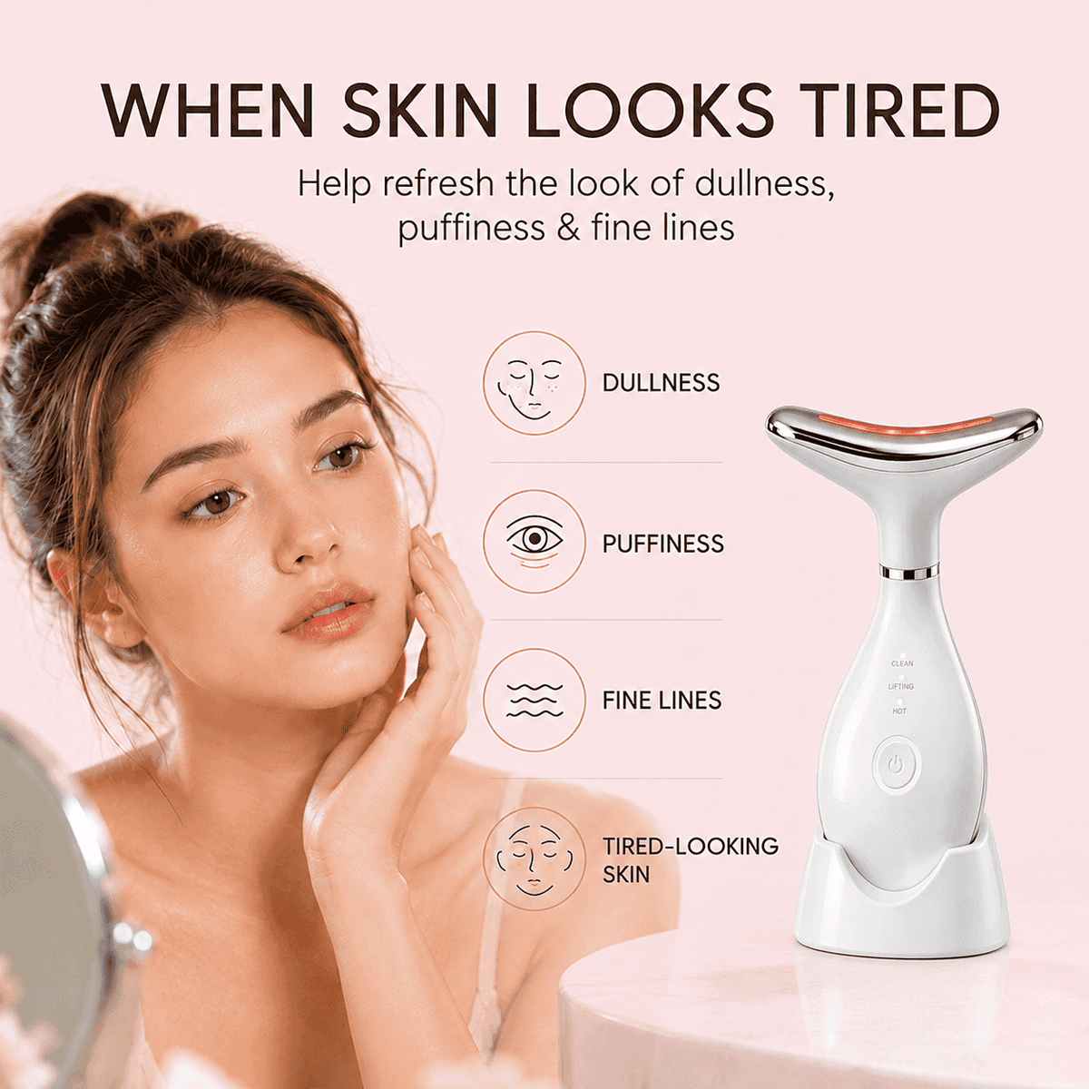 Woman using VanqHeal Micro Glow Facial Toning Device at home for facial massage and sculpting care routine