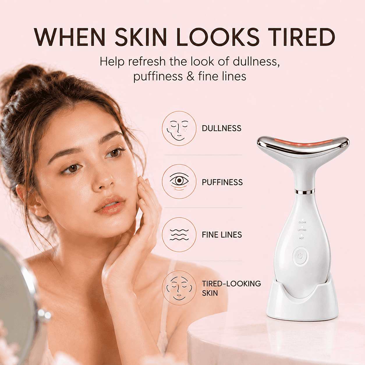 Woman using VanqHeal Micro Glow Facial Toning Device at home for facial massage and sculpting care routine