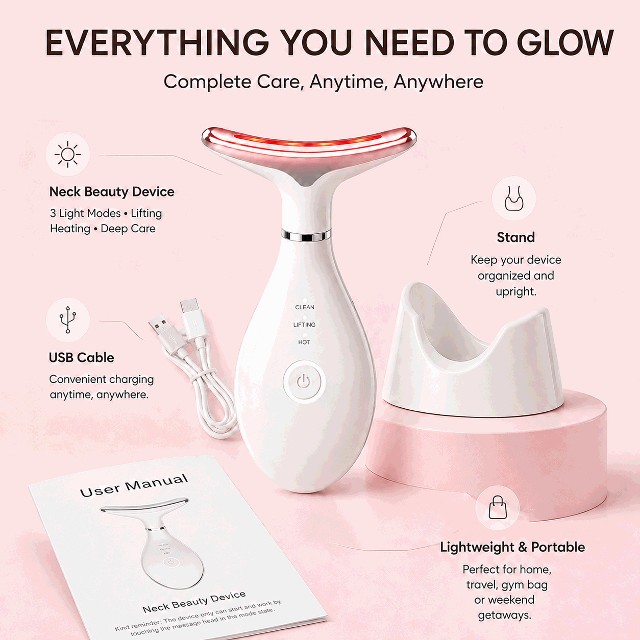 VanqHeal Micro Glow Facial Sculpting Device package with USB charging cable and accessories for home skincare use