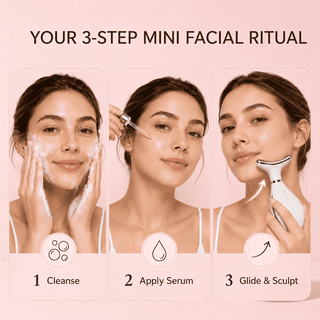 VanqHeal Micro Glow facial lift device used with serum for smooth gliding massage and five-minute skincare routine
